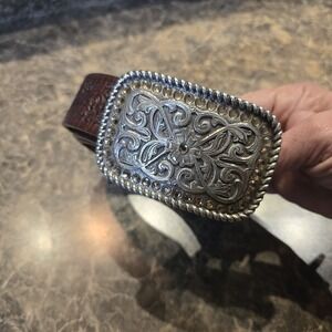 Justin brown leather Tooled belt with silver buckle Size 36